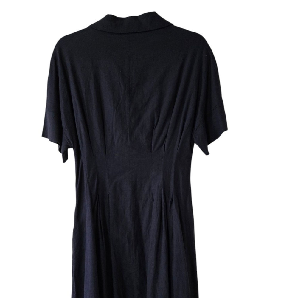 H by Halston Navy Linen‎ Blend Midi Shirt Dress Button Front Summer Classic - Picture 5 of 7